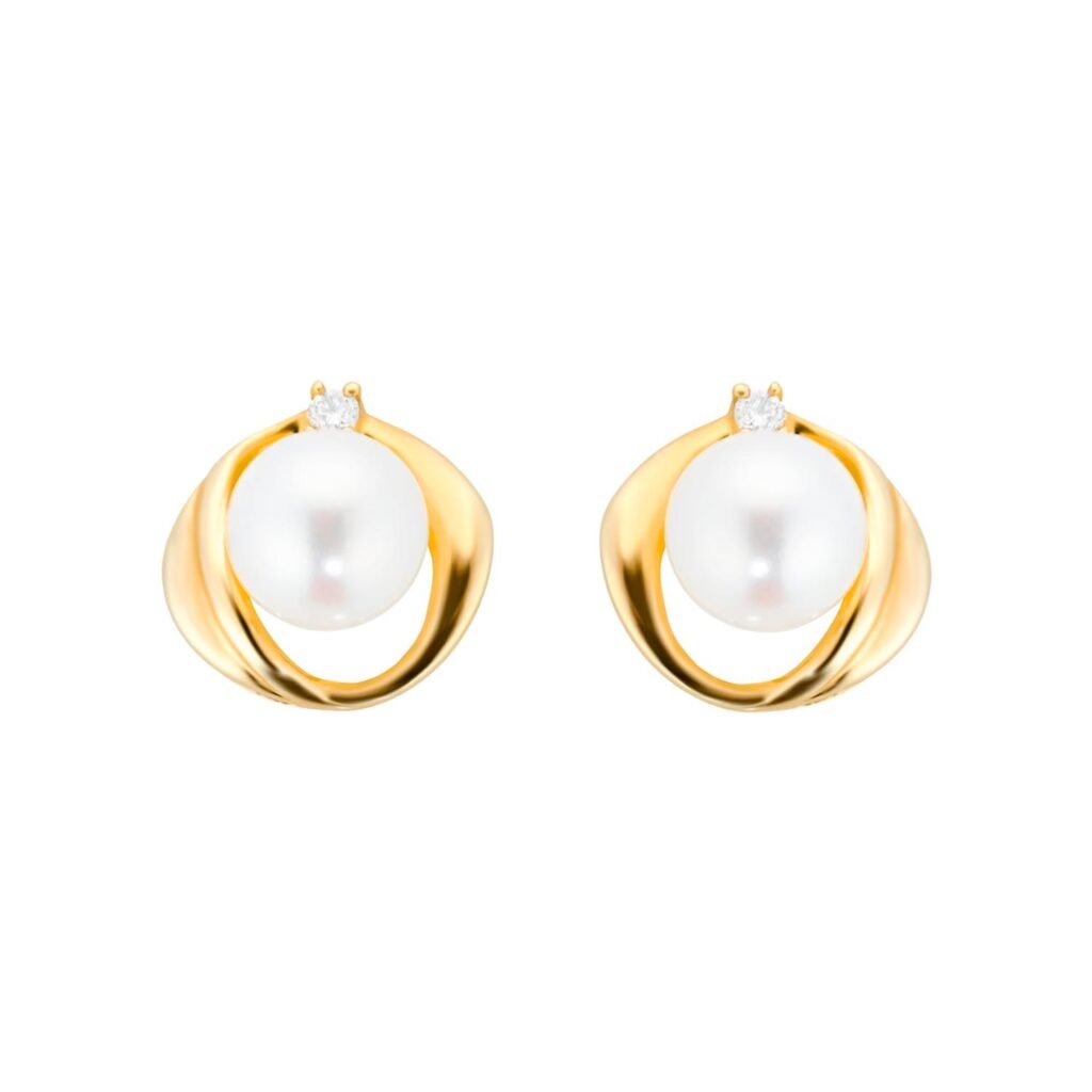 9ct Yellow Gold Fluid Pearl 0.04ct Stud Earrings